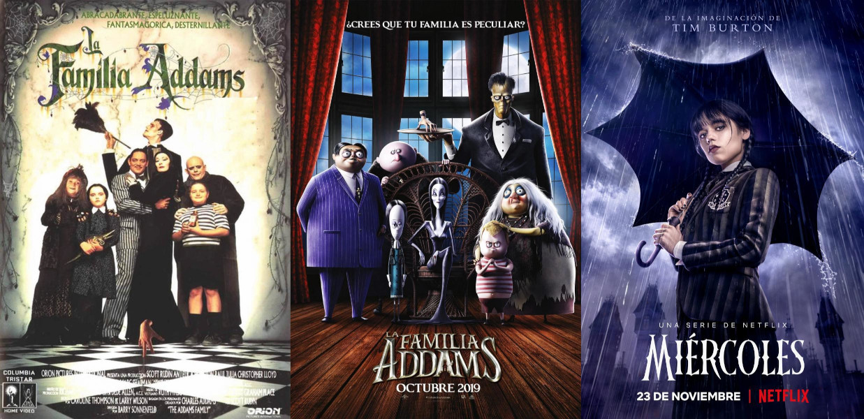 Montaje con los carteles de las películas La familia Addmas (versión real), La familia Addams (versión animación) y la serie Miércoles