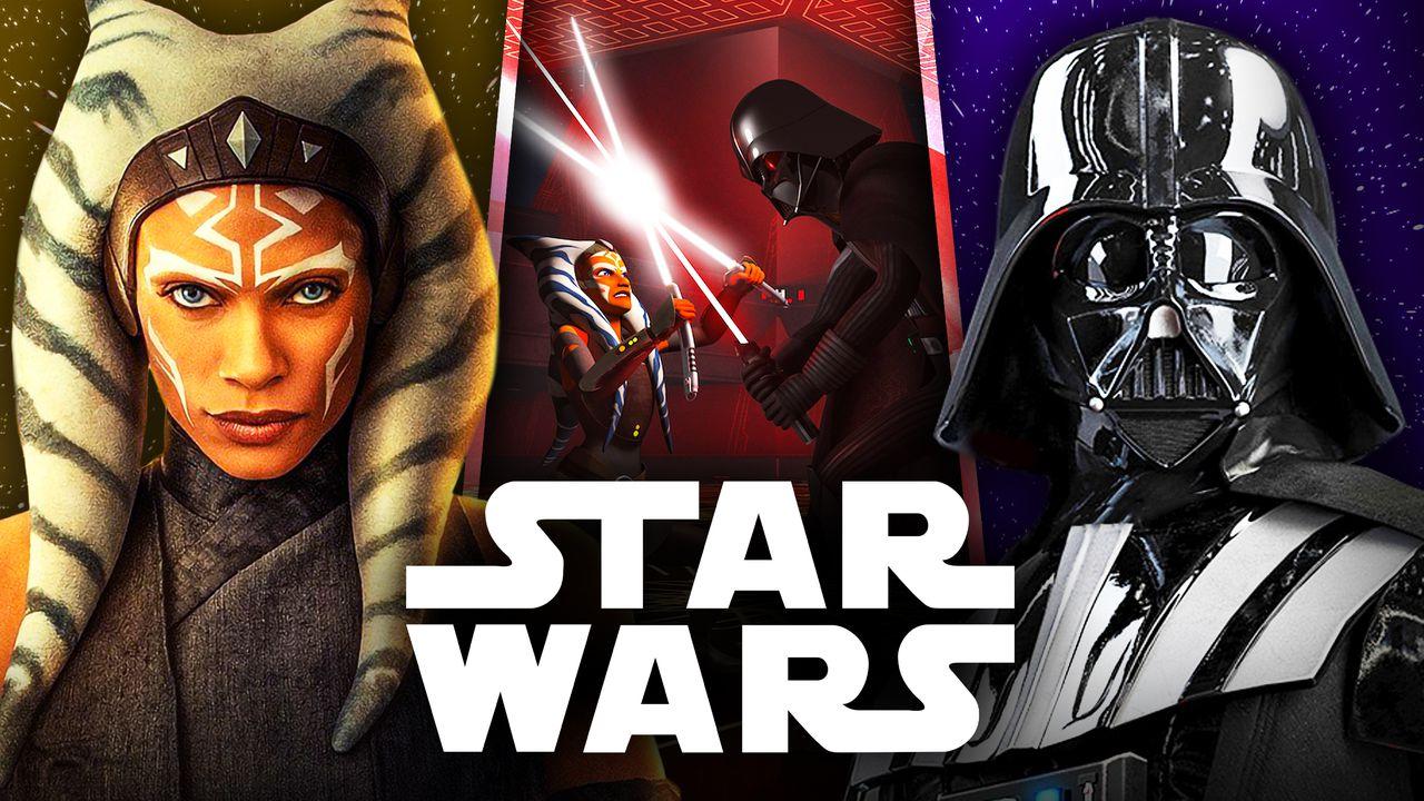 Fotomontaje en modo tríptico, con Ahsoka a la izquierda, Vader a la derecha y una imagen de los dos cruzando sus espadas laser.