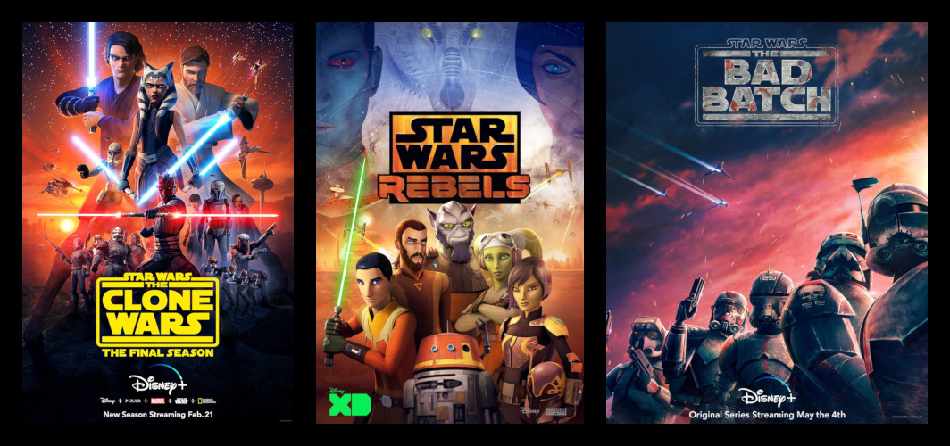Montaje con los carteles de las series animadas The Clone Wars, Rebels y La remesa mala.