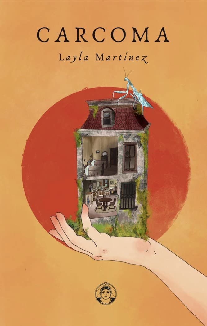 Sobre un fondo naranja hay un círculo rojo grande que puede simular el sol; una mano sujeta una casa rústica de varias plantas; en el tejado de la casa hay una mantis religiosa
