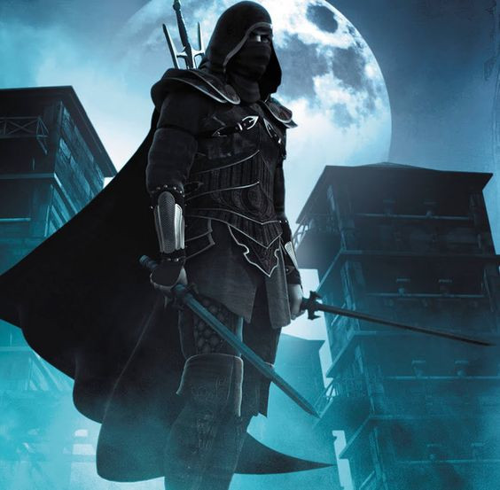 Ilustración de un ejecutor, atavido con capucha, capa y dos espadas