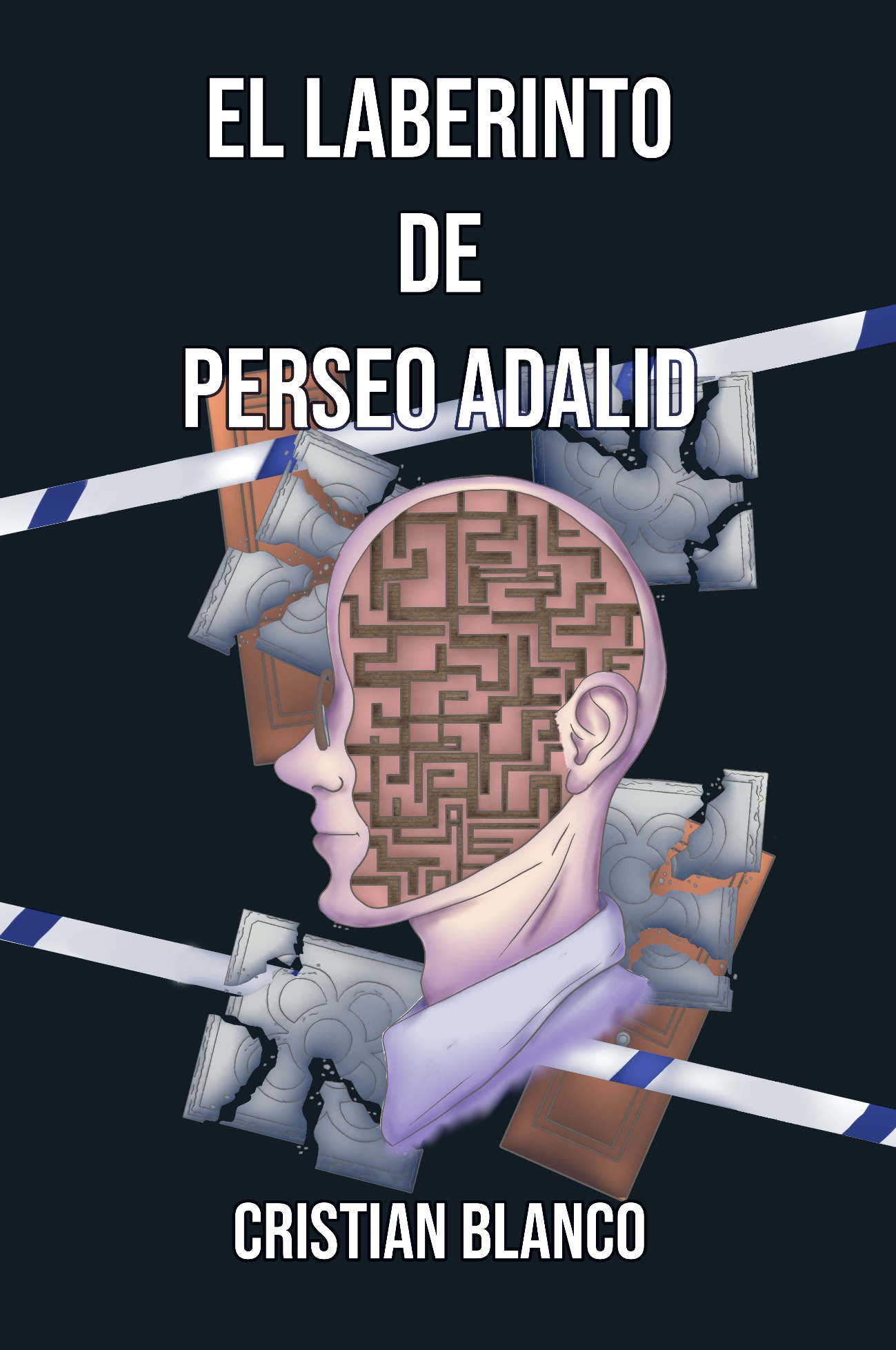 Ilustración con el fondo negro. En un primero plano se ve el perfil de una persona de cuello para arriba, pero en vez de tener rostro, tiene el dibujo de un laberinto; en segundo plano hay baldosas tipo panots rotas