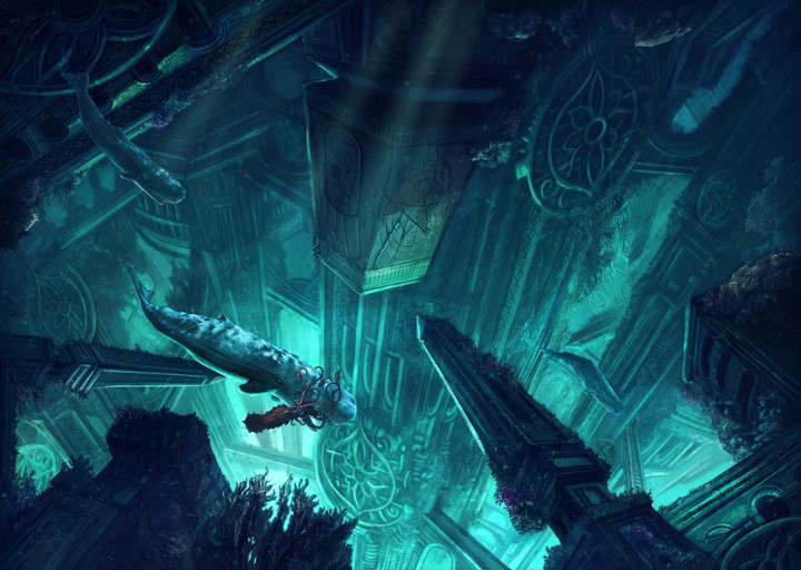 Ilustración de R’lyeh, una ciudad sumergida con los edificios de aspecto gótico apuntando en diferentes direcciones, sin saber cual es arriba o abajo