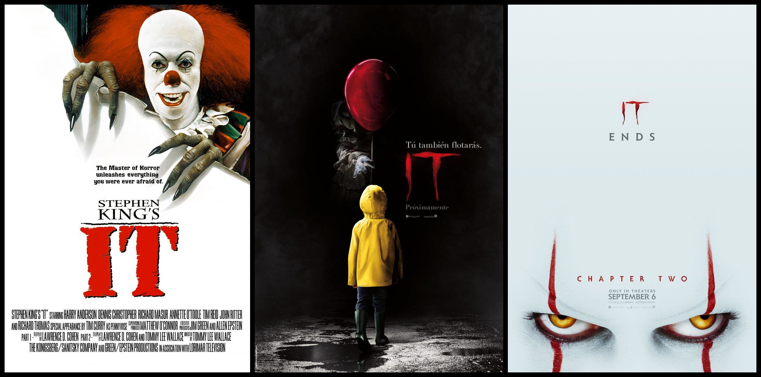 De izquierda a derecha, carteles de la miniserie It - Eso (1990) y las películas It (2017) y It, capítulo 2 (2019)