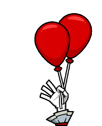 Imagen GIF de una mano enguantada de payaso que sujeta dos globos; al soltarlos, los globos se van volando