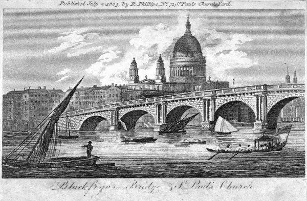 Lámina del Blackfriars Bridge de Londres, con unas embarcaciones en primer plano, el puente en el medio y al fondo un edificio con cúpula y dos torres, entre otras edificaciones que apenas destacan