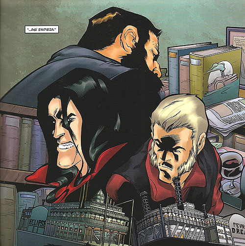 Ilustración formato comic de tres de los personajes principales de la novela